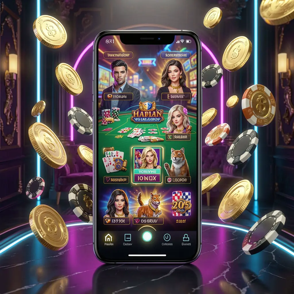 GX77 online casino mobile app hero banner showing a modern smartphone with a glowing casino interface, golden coins and poker chips flying around against a dark luxury background with neon accents