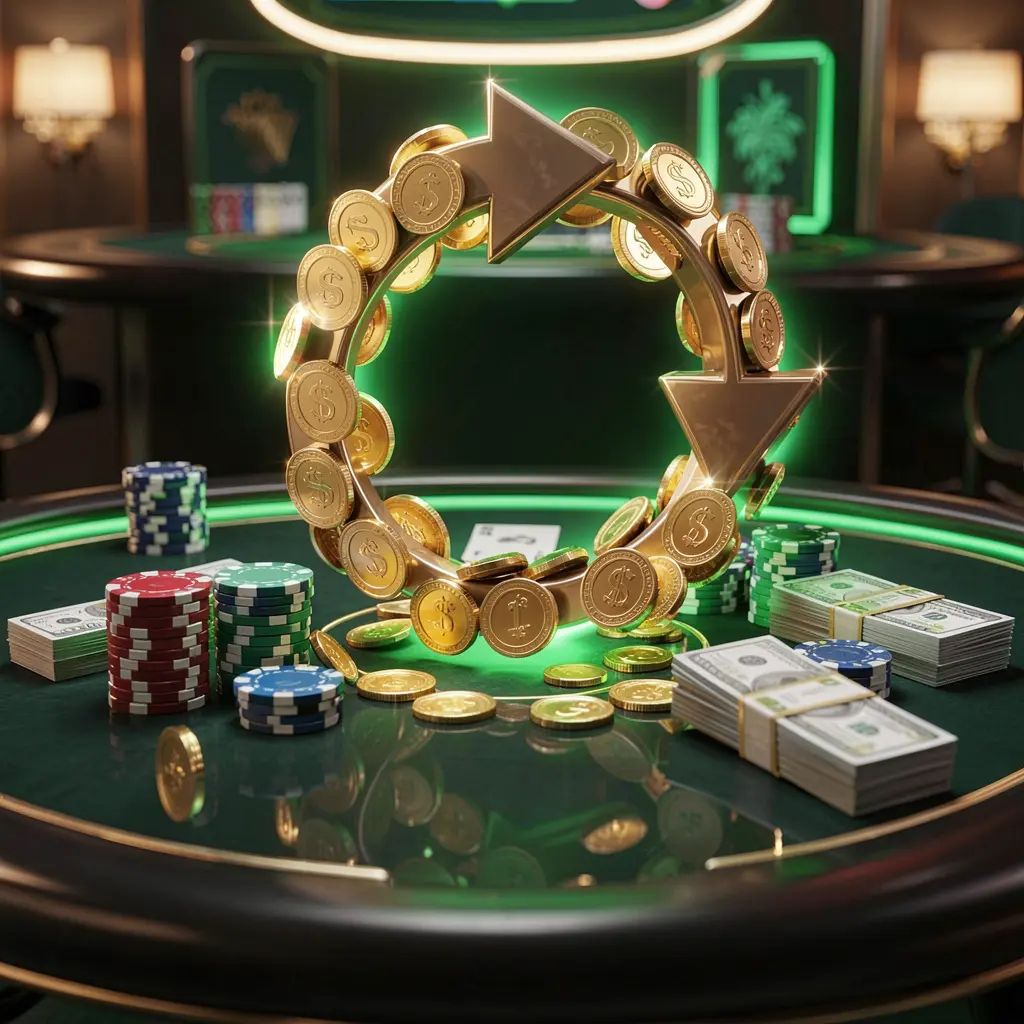 GX77 casino cashback bonus visual featuring golden coins returning in a circular arrow motion with poker chips and cash bundles on a glossy dark table, illuminated by glowing green and gold accents in a premium online casino style with cinematic lighting