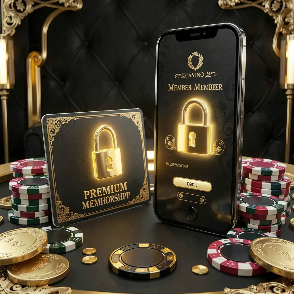 GX77 casino member login concept showing a premium membership card beside a smartphone with a glowing lock symbol, poker chips, and coins on a black and gold luxury background in a realistic 3D illustration