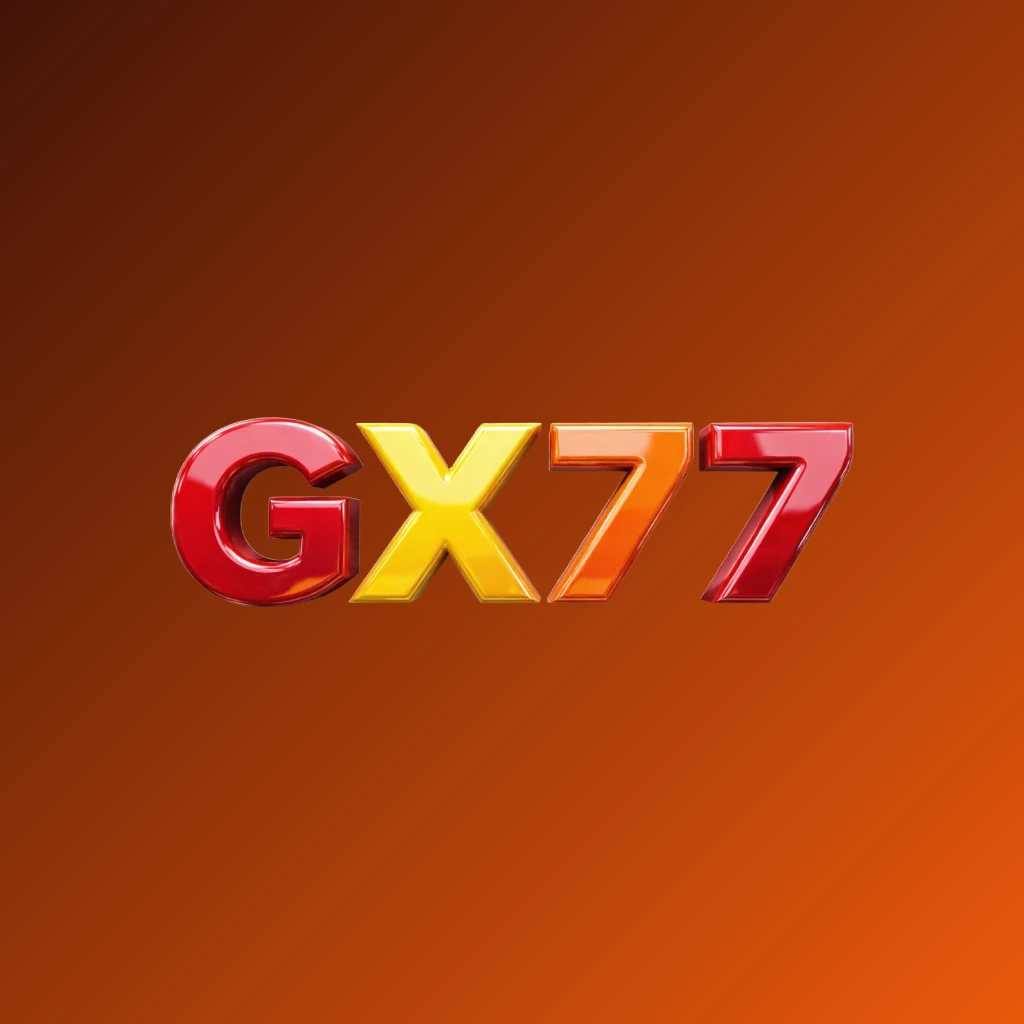 Vibrant GX77 logo design featuring bold heavy typography in bright red, yellow, and orange with a glossy 3D effect, set against a transparent background in a wide horizontal rectangular wordmark suitable for a website header