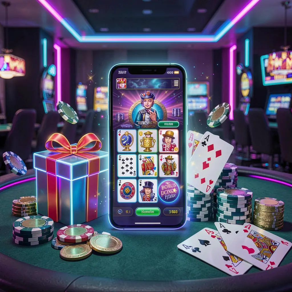 Modern casino website hero scene featuring a smartphone with a glowing interface surrounded by bonus gift box, chips, coins, and playing cards in a premium neon casino style, highlighting responsible gaming by GX77 in Malaysia
